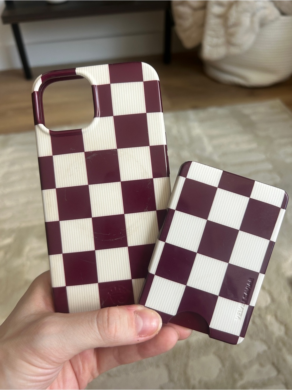 Velvet Caviar ‘Burgundy Vibe Checker’ iPhone 14 case and MagSafe wallet set